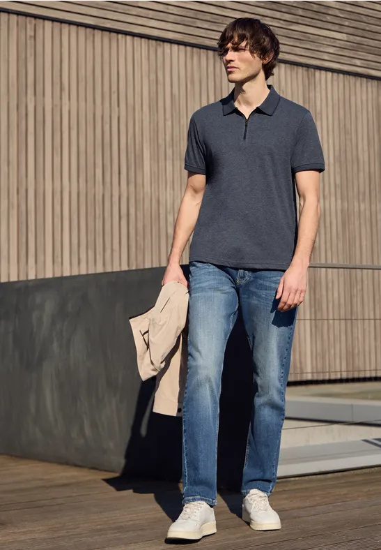 Kurzarm Poloshirt im Melange-Look dark ink blue