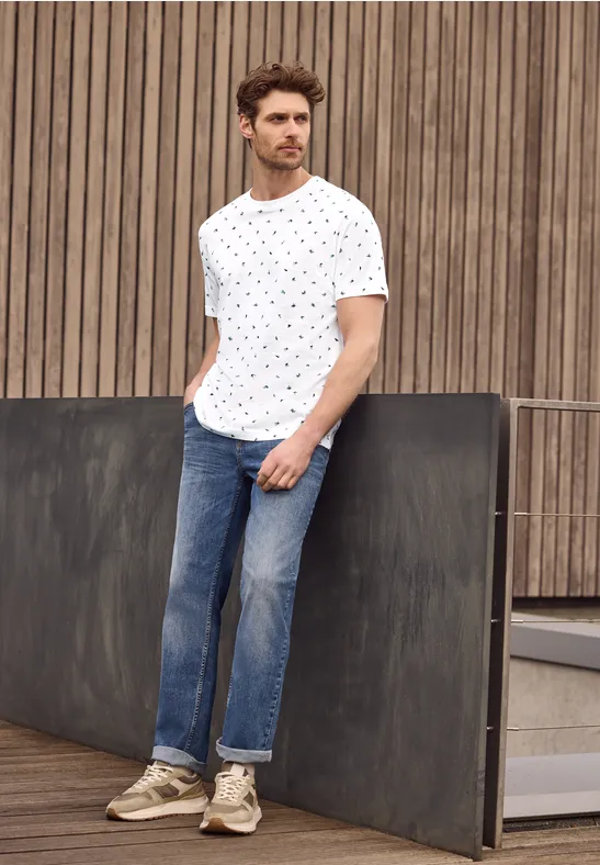 T-Shirt mit Rundhals und Allover-Print bright white