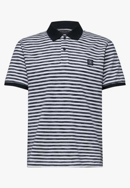 Kurzärmeliges Poloshirt mit dunkelblauen und weißen Streifen und schwarzem Kragen.