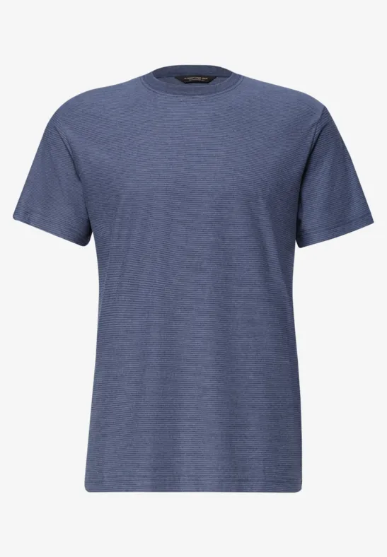 Ein schlichtes, kurzärmeliges T-Shirt in meliertem Blau mit Rundhalsausschnitt.