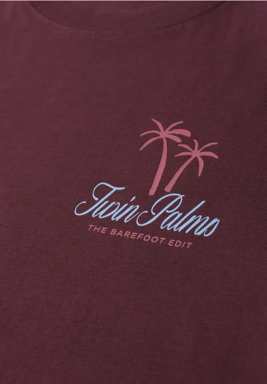 T-shirt bordeaux vintage avec inscription 'Twin Palms The Barefoot Edit' et motif palmiers