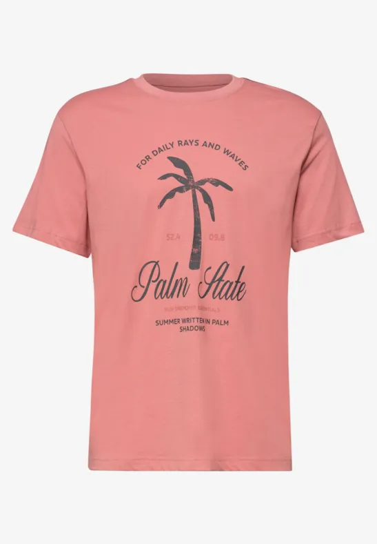 Rosa T-Shirt mit stilisiertem Palmenprint und Aufschrift 'Palm State' in dunklem Print.