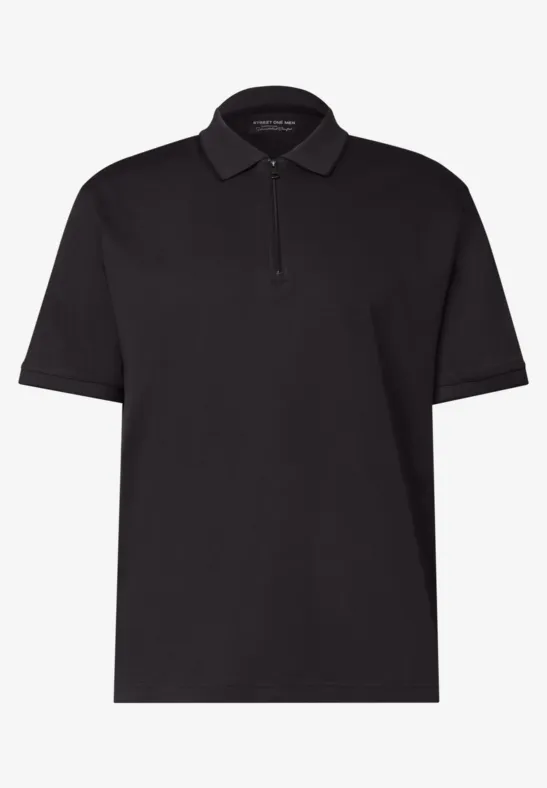 Schwarzes Poloshirt mit kurzem Arm und Knopfleiste.