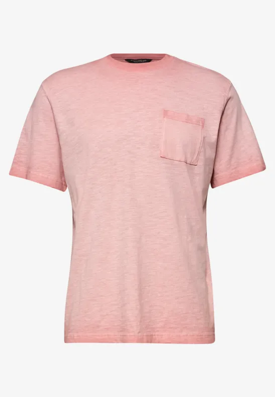 Rosarotes T-Shirt aus leichtem Stoff mit Rundhalsausschnitt und aufgesetzter Brusttasche.