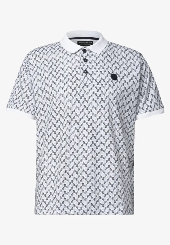 Weißes Kurzarm-Poloshirt mit Allover-Muster und kontrastierendem Logo auf der Brust.