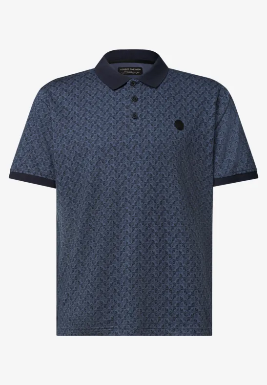 Donkerblauw polohemd met subtiel all-over patroon, donkere kraag en mouwboorden, klein borstlogo