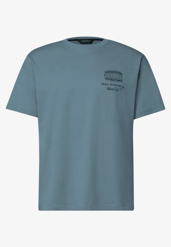 Schlichtes, blau-graues T-Shirt mit kurzer Passform und kleinem schwarzen Print auf der Brust.