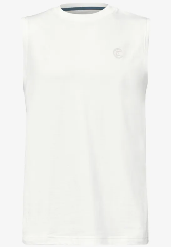 Wit mouwloos T-shirt met ronde hals en subtiel geborduurd logo op de borst.