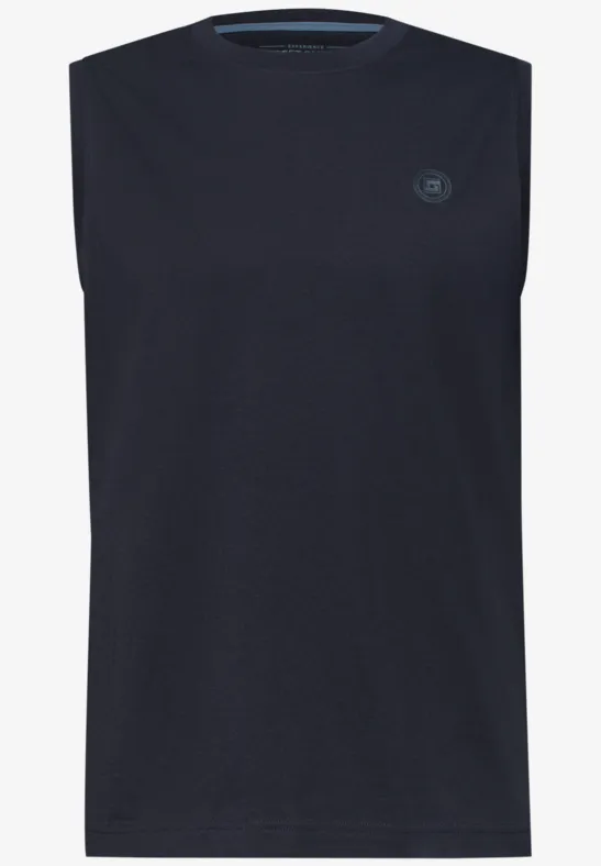 Ärmelloses, dunkelblaues Herren-Tanktop mit rundem Logo auf der Brust