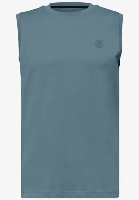 Ärmelloses Herren-Shirt in petrolblau mit Rundhals und kleinem, tonalem Logostickerei.
