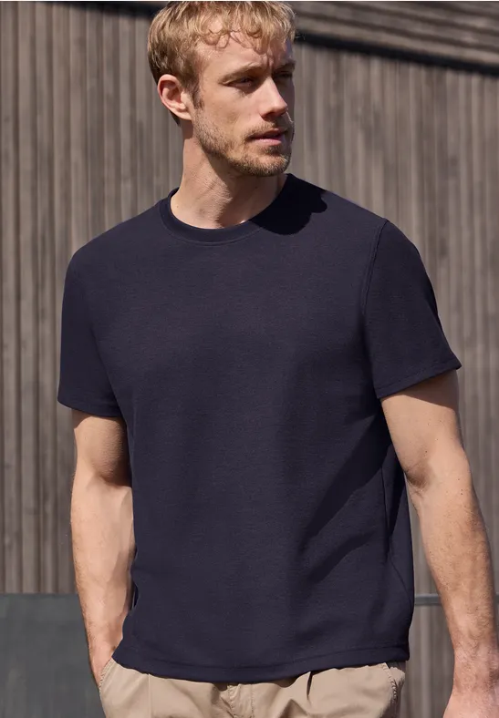 T-Shirt mit Rundhals und Strickstruktur dark ink blue