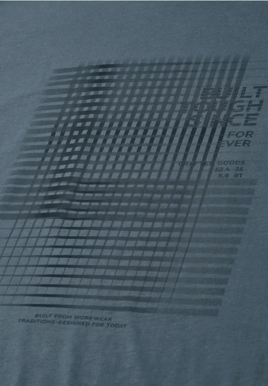 Blaues T-Shirt mit einem hellgrauen, verschobenen Gitternetzmuster und Schriftzug 'LIGHT SCIENCE AND POWER'.