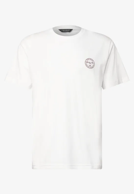 Schlichtes weißes T-Shirt mit rundem Logo auf der Brust