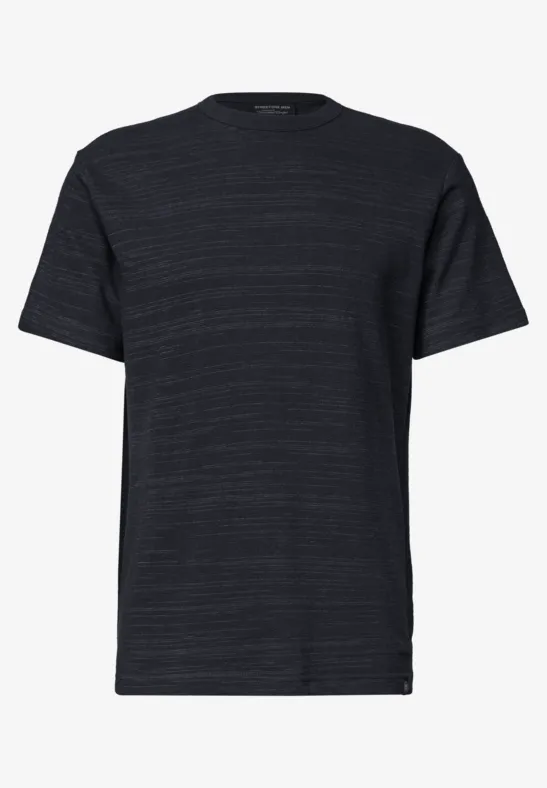 Schlichtes dunkles T-Shirt mit Rundhalsausschnitt und kurzen Ärmeln.
