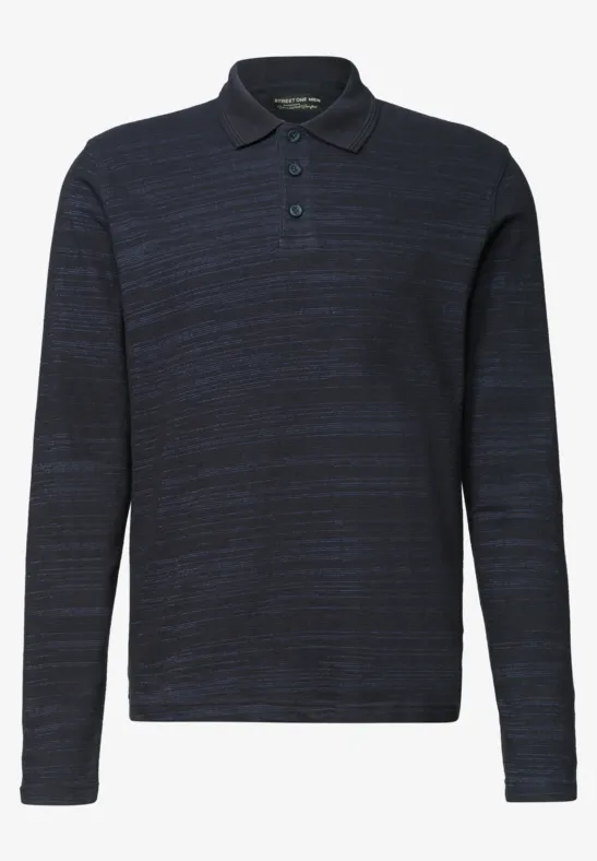 Navyblaues langärmeliges Polohemd aus meliertem Stoff mit Knopfleiste und Polokragen.