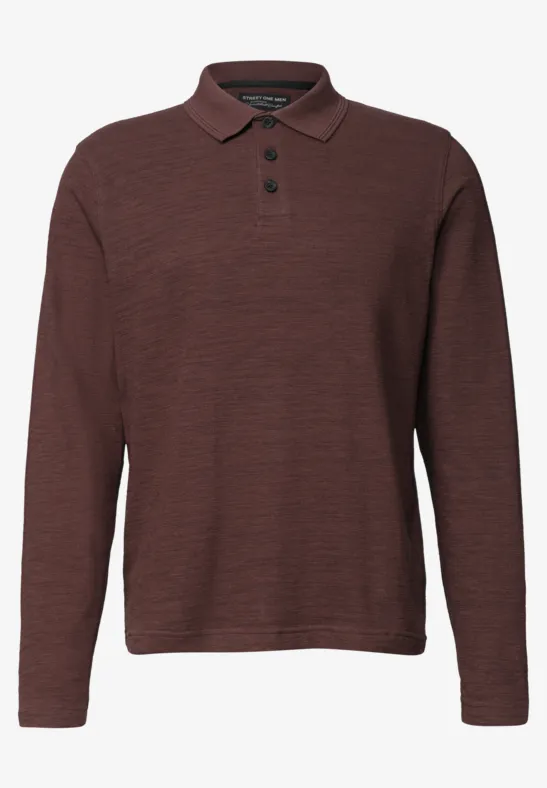 Braunes Langarm-Poloshirt mit Knopfleiste und feiner Struktur