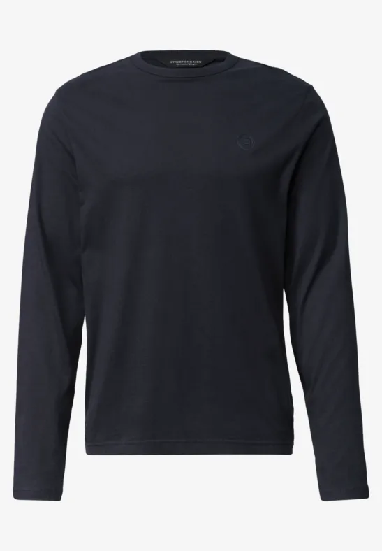 Schlichtes schwarzes Langarmshirt mit Rundhalsausschnitt, minimalistisches Design, unifarben.