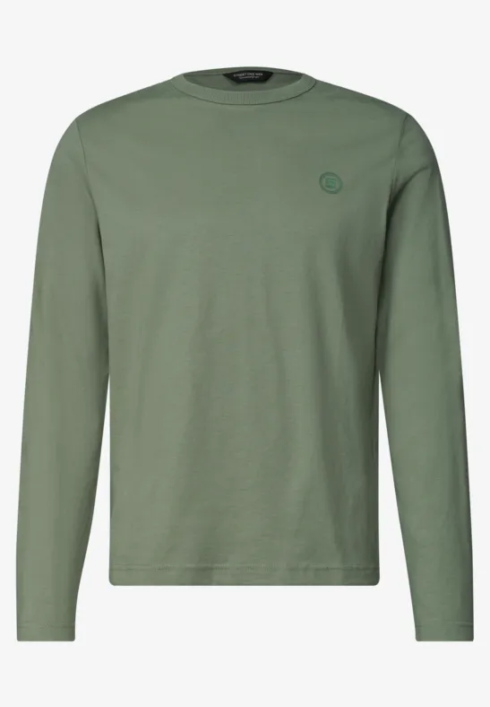 Olivegrünes Langarmshirt mit Rundhalsausschnitt und kleinem Logo auf der Brust