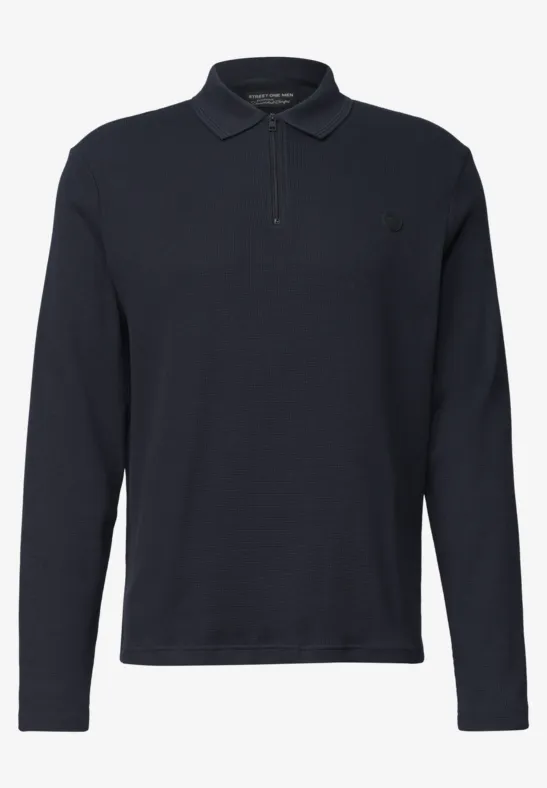 Dunkelblaues Langarm-Poloshirt mit Knopfleiste und klassischem Kragen.