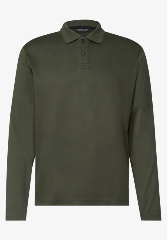Olivgrünes Langarm-Poloshirt mit Kragen und kurzer Knopfleiste.