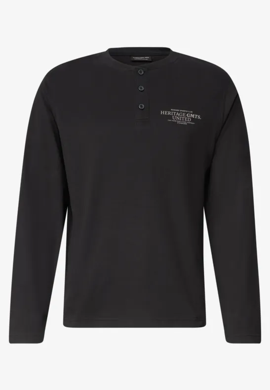 T-shirt Henley à manches longues noir avec patte de boutonnage et petit logo poitrine