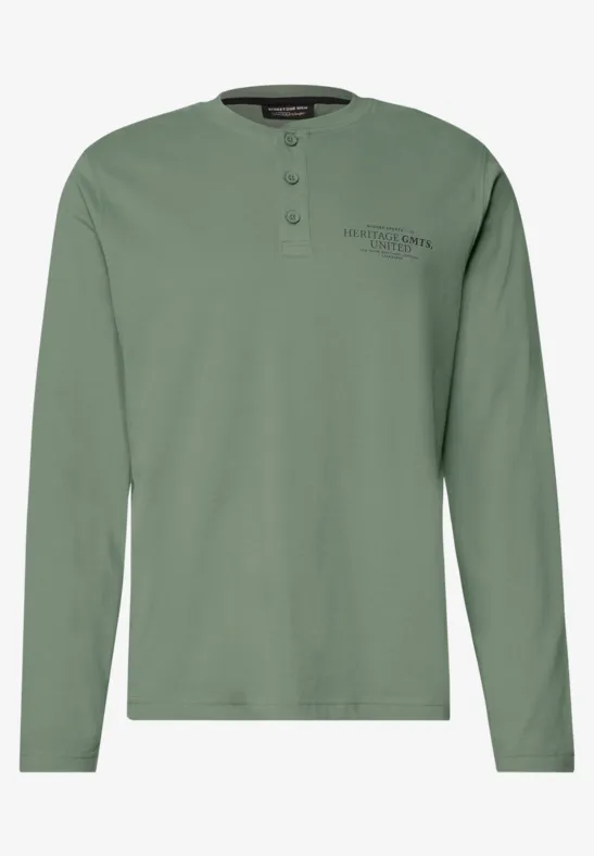 T-shirt manches longues vert homme style henley, col rond et petit logo brodé sur la poitrine