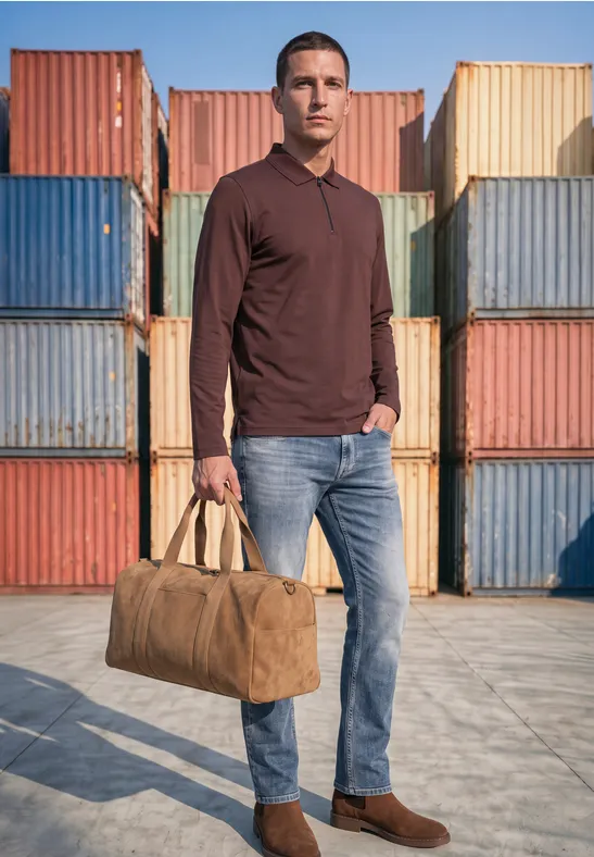 Ein Mann in braunem Poloshirt, Jeans und Boots trägt eine Reisetasche vor bunten Frachtcontainern.