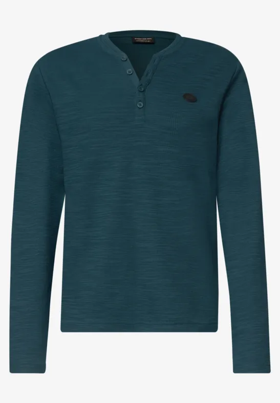 Donkergroen Henley-shirt met lange mouwen en 3-knopensluiting