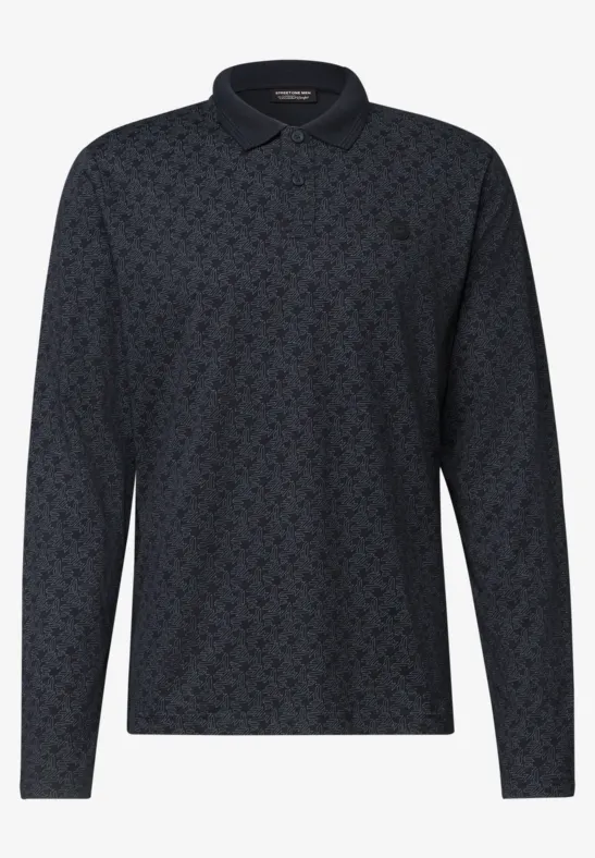 Polo à manches longues bleu foncé avec motif ton sur ton discret