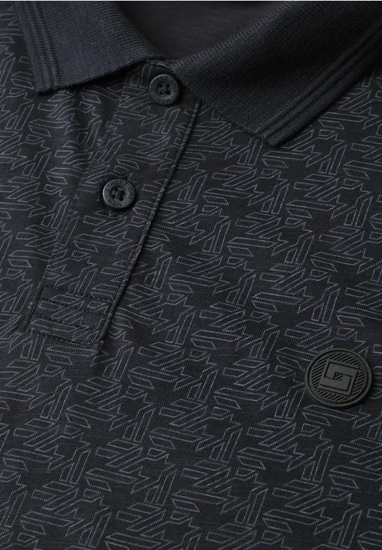 Polo noir à motif abstrait discret en all-over, col, patte de boutonnage et petit logo métallique