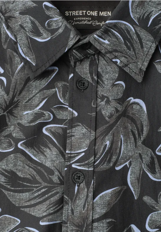 Schwarzes Hemd mit grauen, floralen Mustern und Knopfleiste, eleganter Casual-Look.