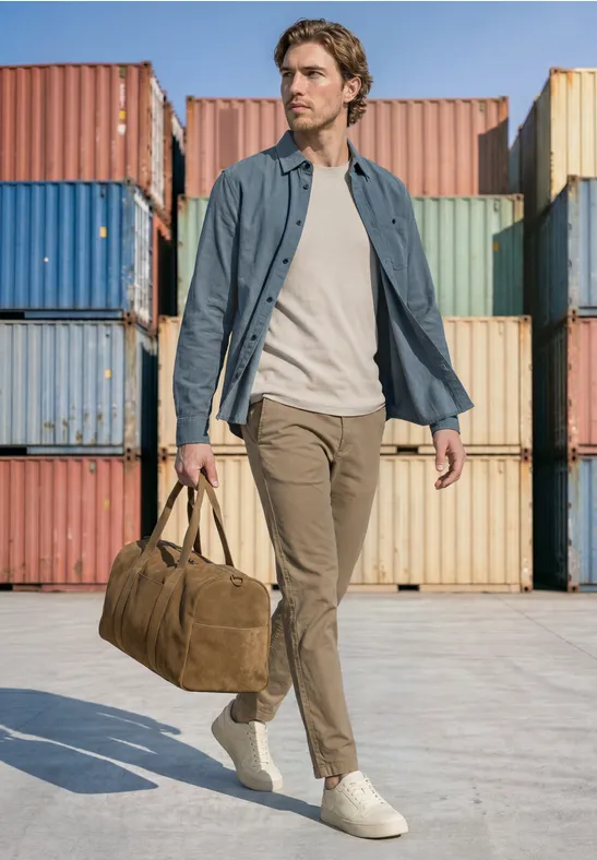 Mann trägt Tasche, läuft vor bunten Frachtcontainern auf betoniertem Boden.