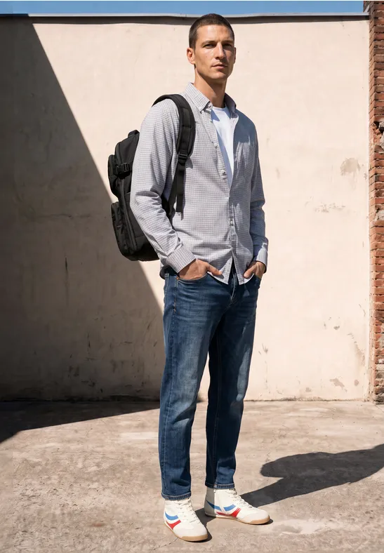 Ein Mann steht vor einer hellen Wand, trägt Jeans, Hemd, Rucksack und Sneaker.