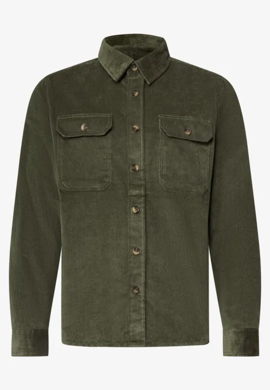 Olijfgroene corduroy overshirt met knopen en twee borstzakken, lange mouwen