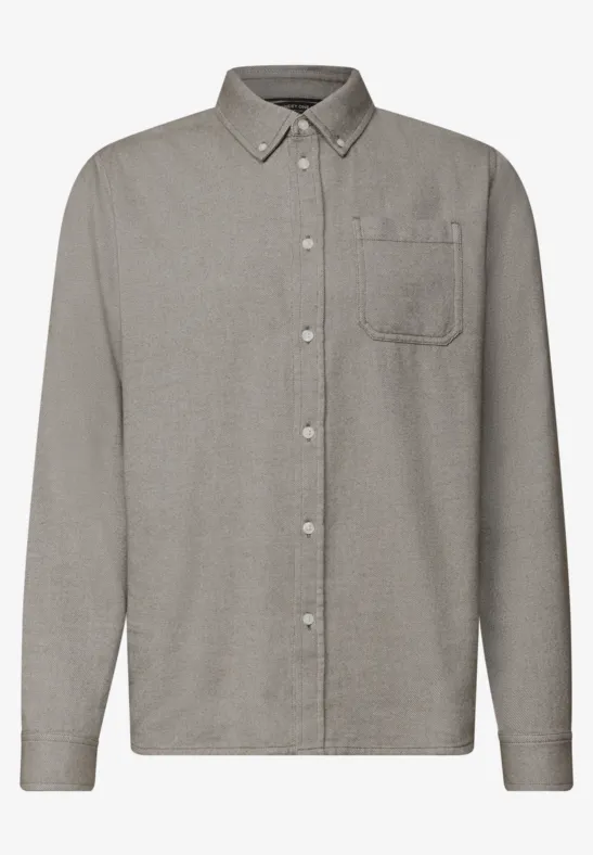 Graues, langärmliges Hemd mit Knopfleiste, Brusttasche und Button-Down-Kragen.