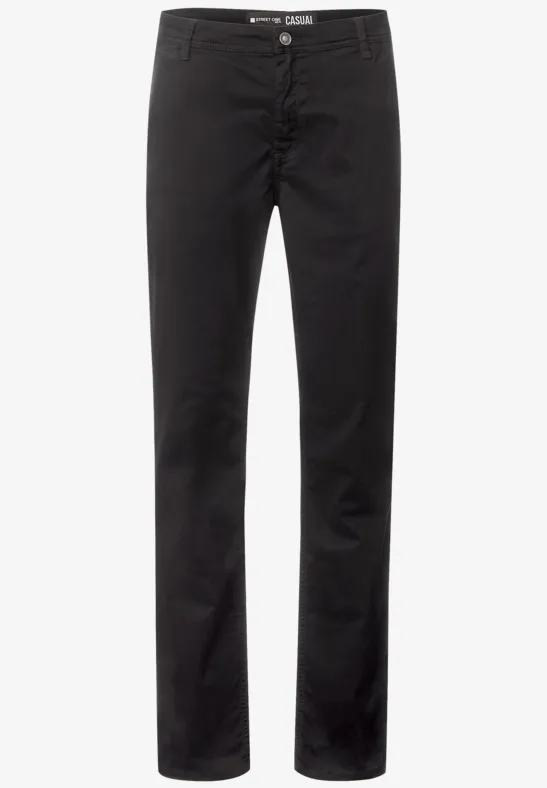 Schwarze gerade geschnittene Freizeithose mit Knopf und Gürtelschlaufen.