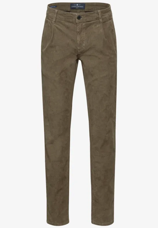 Pantalon chino marron pour homme, coupe classique avec bouton et fermeture éclair.