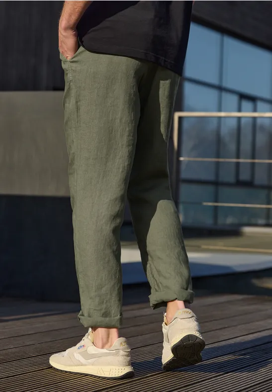 Linnen chino's met rechte benen wood green