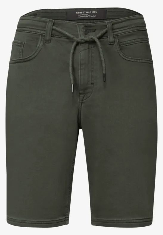 Bermuda homme kaki à cordon de serrage, cinq poches, coupe slim, longueur aux genoux