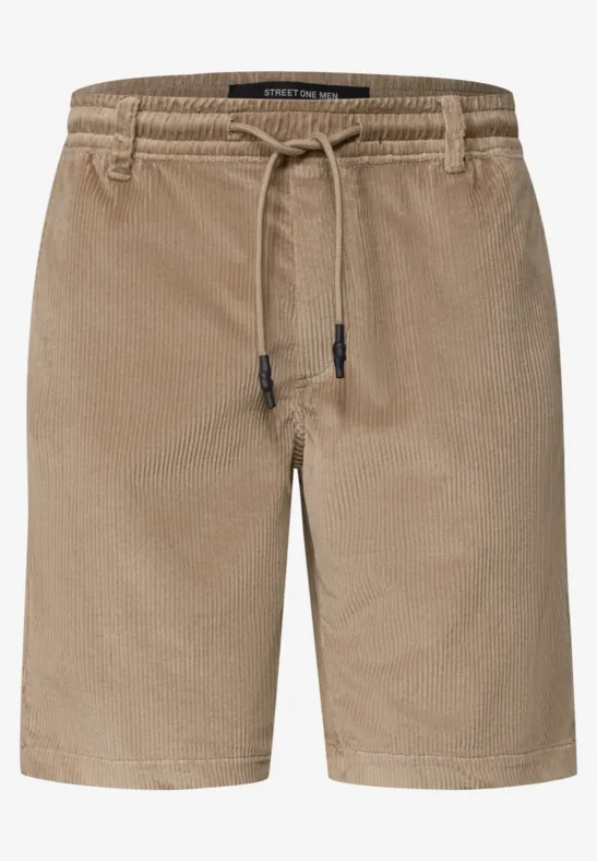 Beige katoenen korte broek met elastische taille en koord, ontspannen pasvorm tot net boven de knie.