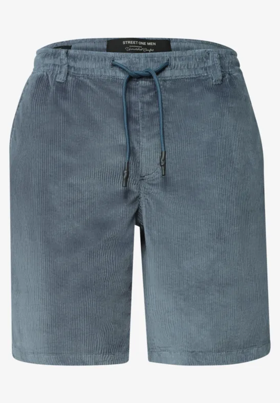 Blaue Cord-Shorts mit elastischem Bund und Tunnelzug, knielang