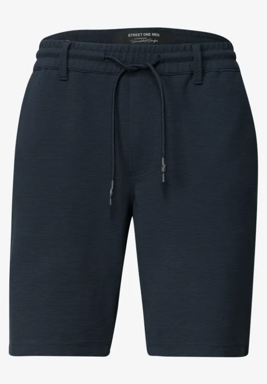 Dunkelblaue Sweatshorts mit elastischem Bund und Kordelzug, knielang.