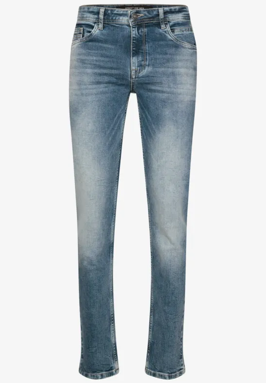 Mediumblaue, gerade geschnittene Jeans mit dezentem Used-Look