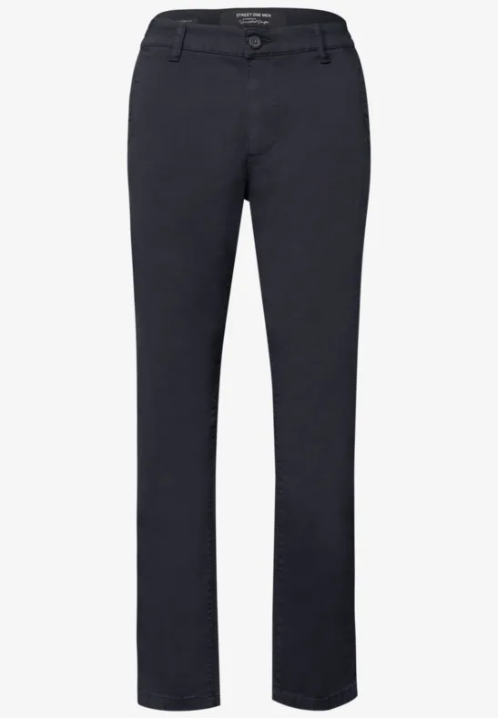 Dunkelgraue, schlichte Chinohose mit geradem Schnitt und Gürtelschlaufen.