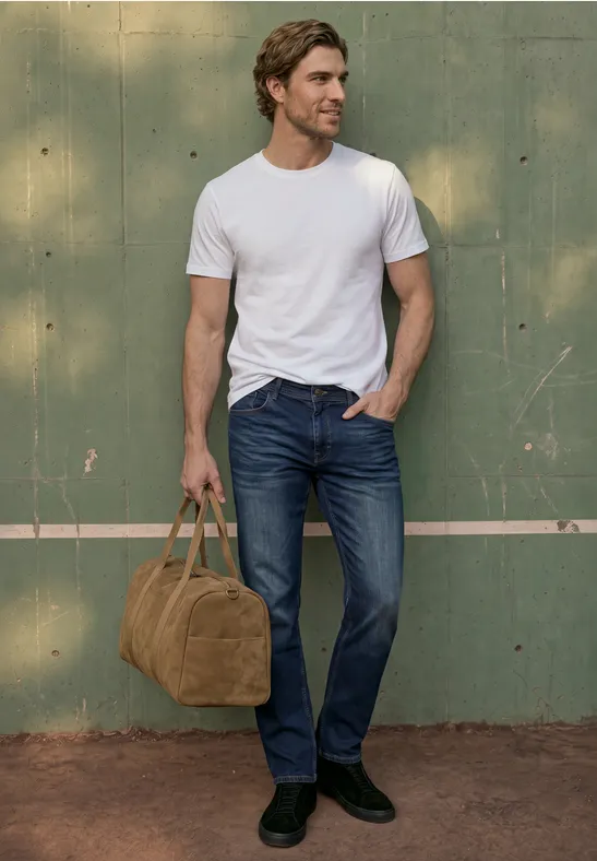 Ein Mann in weißem T-Shirt und blauen Jeans steht vor einer grünen Wand und hält eine braune Tasche.