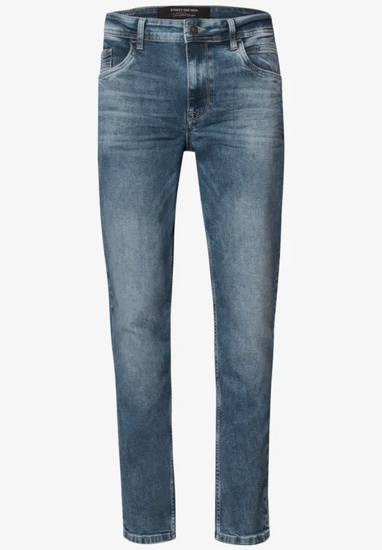 Blauwe, rechtvallende spijkerbroek met vijf zakken en klassieke denimlook