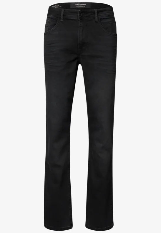 Schwarze Jeans in geradem Schnitt mit hoher Taille.