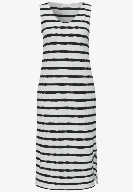 Ärmelloses, knielanges Kleid mit schwarzen und weißen Streifen, V-Ausschnitt und Seitenschlitz.