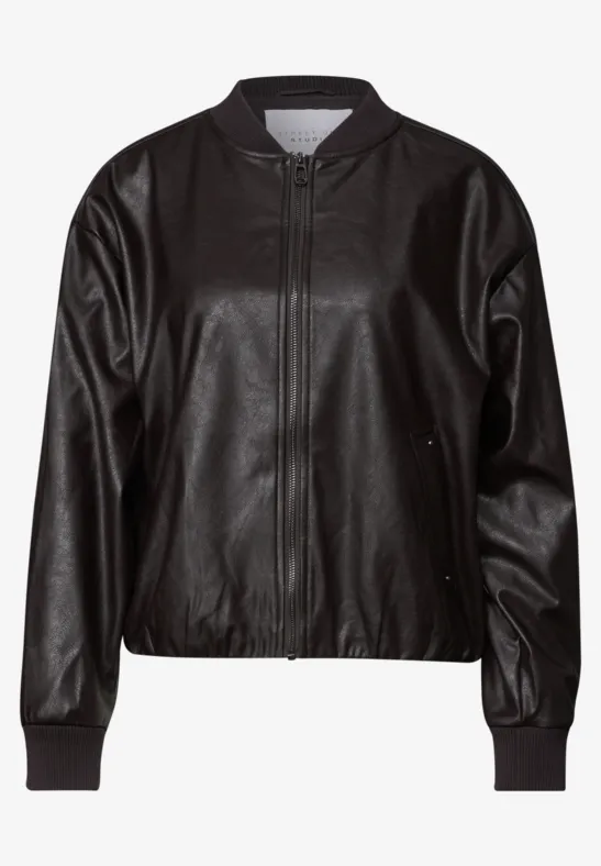 Schwarze Lederjacke mit Reißverschluss, Bomber-Stil, langärmelig, gerippte Bündchen und Saum