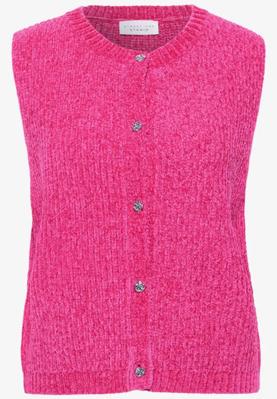 Knallpinke, gestrickte, ärmellose Strickjacke mit Rundhalsausschnitt und Knopfleiste